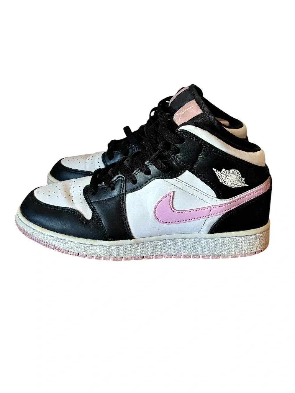 Nike Air Jordan 1 Mid Black White Pink Swoosh Youth Size 7